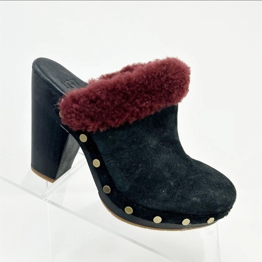 UGG Adele Women's Studded Suede Clog Heels Black with Red Fur Size 7 EU 38